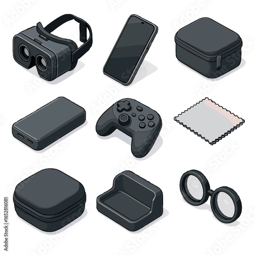 Headset cloth bank power icon vr dock isometric gadget vector cleaning case