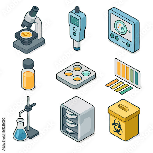 Set culture microscope vector sample tester analysis archive lab icon ph icons