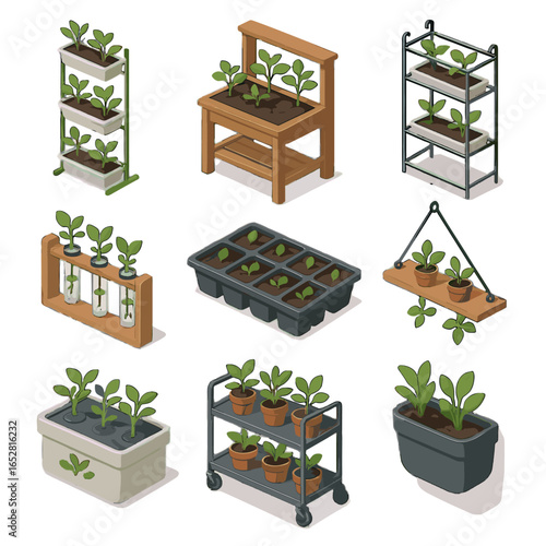 Icon hydroponic planter potting box station metal bench plant greenhouse icons vector