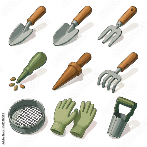 Seed gloves tool hand trowel greenhouse sifter rake vector transplanting icon icons