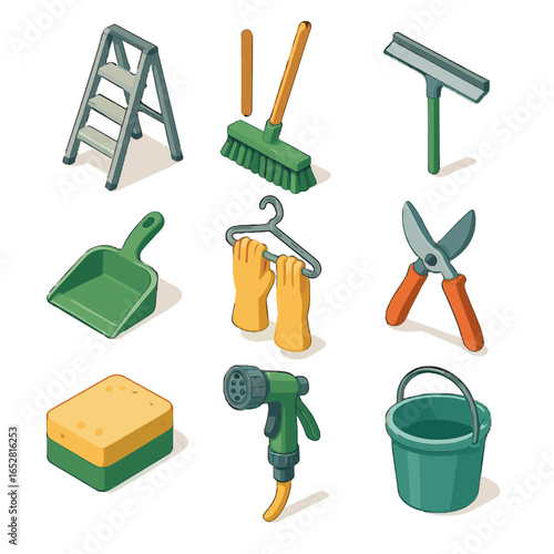 Cleaner bucket tools glove icons sprayer hose icon shears greenhouse dustpan vector
