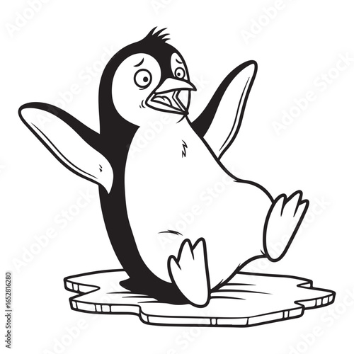 Cartoon penguin falling on ice with a surprised expression coloring page