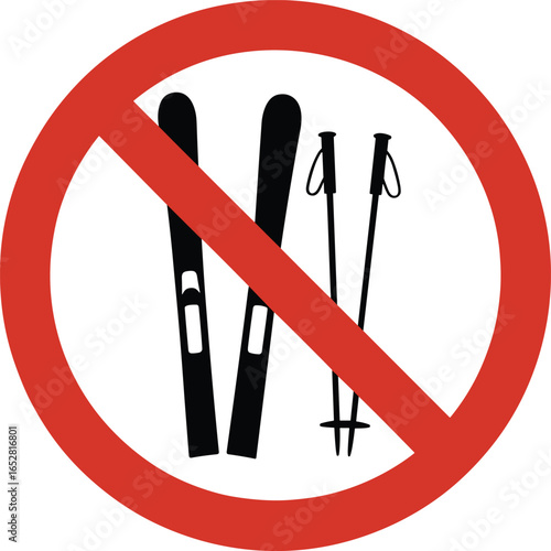 No Skiing Sign – Prohibited Ski Equipment Symbol with Skis and Poles – Vector Warning Sign with Red Ban Circle