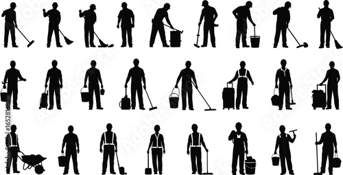 Silhouette collection of janitors, cleaners, and maintenance workers with cleaning tools, equipment, and supplies, professional hygiene service vector illustration