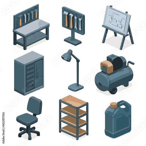 Fabrication container icon cabinet air workspace rack compressor metal icons vector blueprint
