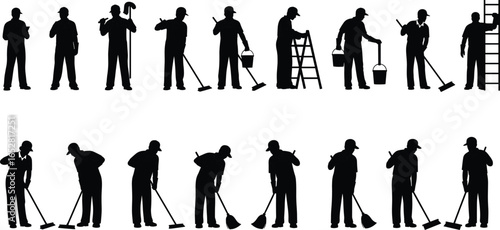 Silhouette collection of janitors, cleaners, workers with cleaning tools, mop, bucket, broom, ladder, professional hygiene maintenance staff vector illustration