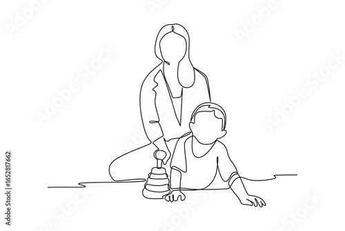 simple continuous line draw of a babysitter and crawling child. Baby sitter minimalist concept, Baby sitter activity, simple line.