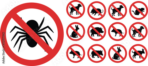 No Pets or Animals Allowed Sign, Prohibited Animal Icons, Vector Illustration with Red Circles and Slash, Pet Restriction Warning Symbols