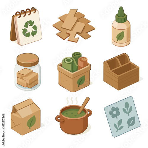 Dye crafting natural paper vector icons glass packaging wooden icon pot storage