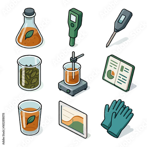 Vector phase infusion logbook ph icon beaker meter sample tea data