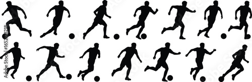 Silhouette collection of soccer players running, kicking, and dribbling footballs, male athlete vector set for sports design elements