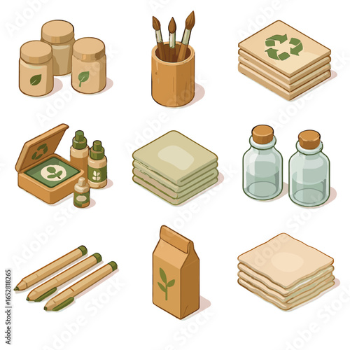 Paper towels pens inks rag packaging art eco friendly icon bamboo vector