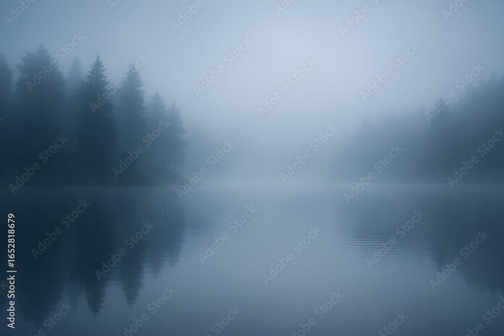 Fototapeta premium Misty Lake at Dawn with Serene Atmosphere