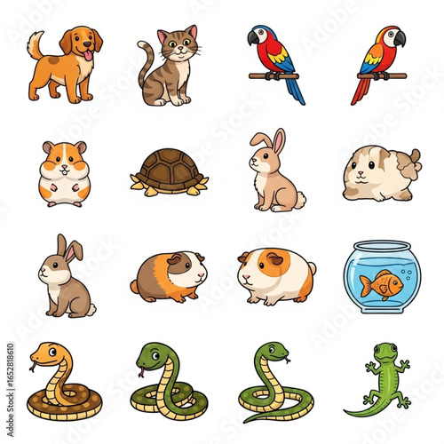 Collection of various cartoon pet animals including dog, cat, bird, and reptiles.