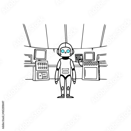 Robot operates futuristic control room filled with monitors and technology.