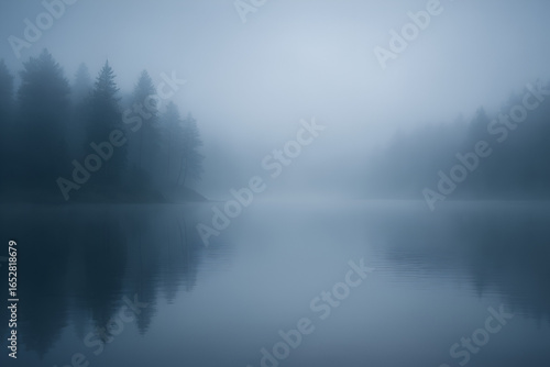 Misty Lake at Dawn with Serene Atmosphere