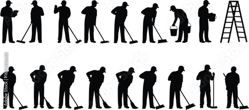 Silhouette illustration of janitor workers cleaning, sweeping, mopping, carrying buckets, ladder maintenance, professional cleaning service, vector people poses, occupation icons