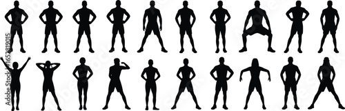 Silhouettes of diverse men and women, standing poses, fitness and body shapes, human figures vector, various postures, silhouette collection, gender diversity art