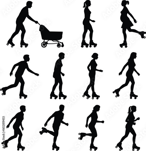 Silhouettes of diverse people roller skating, including pregnant woman, pushing stroller, active lifestyle, fitness, outdoor fun, and movement vector illustration.