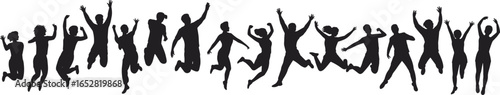 Silhouettes of happy people jumping in air, expressing joy, energy, freedom, celebration, unity, teamwork, and youthful active lifestyle