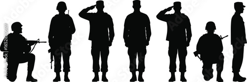 Silhouette of military soldiers standing, saluting, and kneeling with rifles, army troops in uniform, war service honor vector illustration