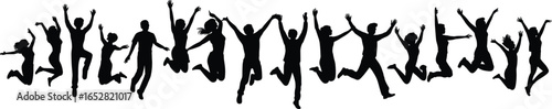 Silhouettes of people jumping together, showing excitement, joy, energy, freedom, celebration, happiness, teamwork, movement, youth, and dynamic lifestyle