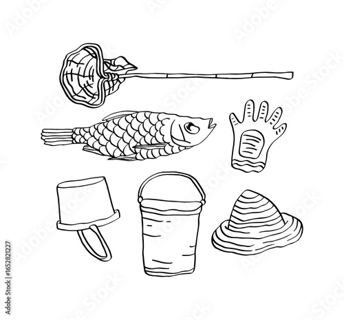 Fishing equipment. Fishing rod, bucket, gloves illustrations.