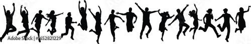 Silhouettes of people jumping with joy, expressing freedom, energy, teamwork, excitement, celebration, happiness, success, active lifestyle, motion, unity