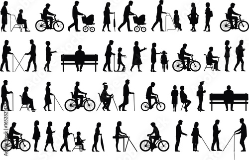 Silhouettes of people walking, biking, sitting, using wheelchairs, strollers, and canes, depicting various ages and mobility in public life