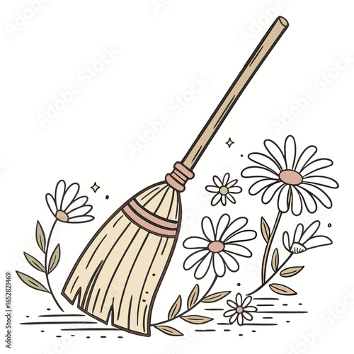 A broom surrounded by daisies isolated on white background, a spring cleaning symbol
