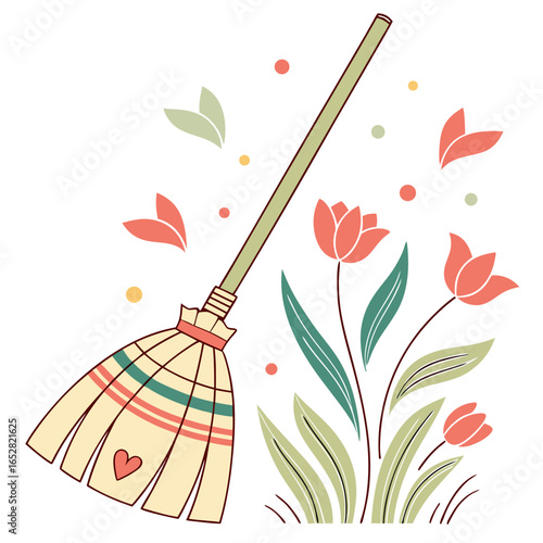 A spring cleaning broom with tulips illustration isolated on white background, cute design