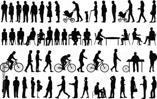 Silhouettes of people sitting, walking, talking, biking, using strollers and interacting in public spaces, illustrating everyday human urban life