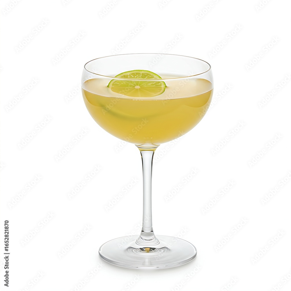 Spiced rum and lime juice cocktail (Daiquiri style) in a chilled coupe glass, with a single lime wheel floating, against a bright, clean white background Spiced rum and lime juice cocktail (Daiquiri style) in a chilled coupe glass, with a single lime wheel floating, against a bright, clean white background