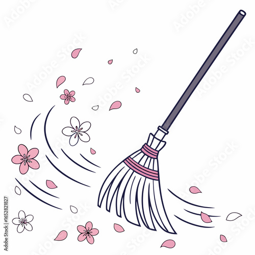 Illustration of a broom sweeping cherry blossom petals isolated on white background