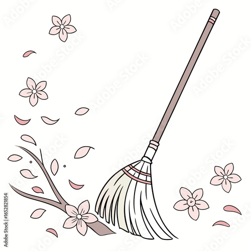 Illustration of a broom with cherry blossoms isolated on white background