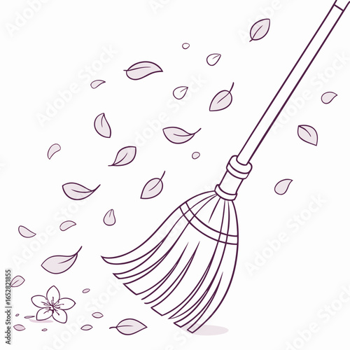 Illustration of a broom sweeping leaves isolated on white background