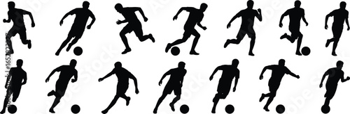 Soccer player silhouette collection, football dribbling poses, male athlete running with ball, sports vector action figures for athletic design elements