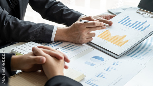 Business executive partner cooperation conference in investment ideas marketing planning and presentation finance project at meeting and strategy of business making to successful and growth profit