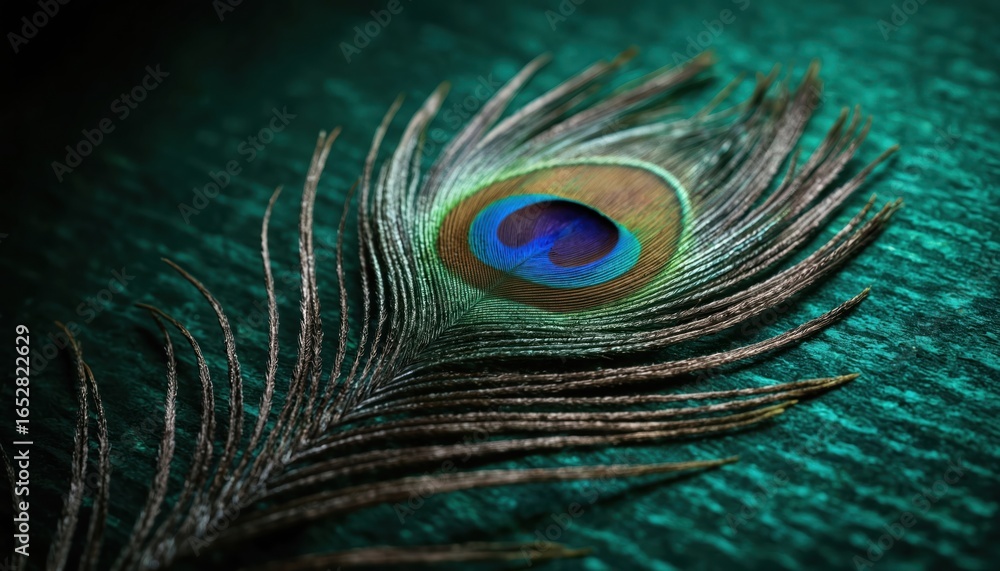 Obraz premium Close-up vibrant peacock feather on textured dark green background. Intricate details, iridescent colors blue, green, brown. Delicate soft plumage, symmetry, natural organic pattern. Exotic bird