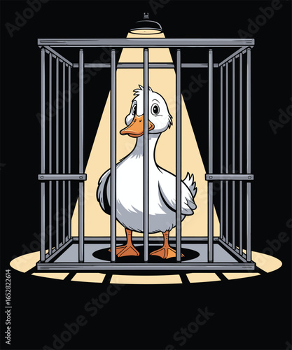 White goose in cage under spotlight bird orange beak