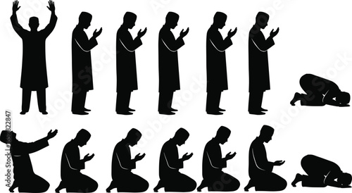 Vector illustration of Muslim man performing Islamic prayer steps, salah positions, worship, devotion, spirituality, religion, faith, Ramadan, Eid celebration, cultural tradition