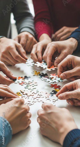 Close-up of hands assembling colorful jigsaw puzzle pieces, representing teamwork, collaboration, and problem-solving skills