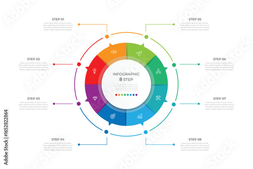 Business visualization infographic circle design template with 8 options, steps or processes. Business presentation.