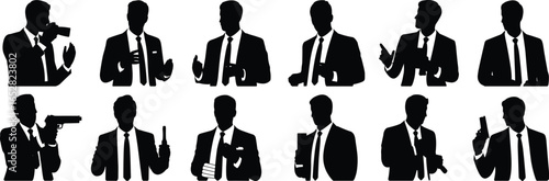 Vector silhouette of confident businessman in suit holding guns, action poses, secret agent, espionage, spy, thriller, danger, protection, security.