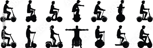 Vector silhouette of people riding electric scooters, hoverboards, segways, personal transporters, urban mobility, commuting, eco-friendly, balance, fun, transportation, outdoor activity.