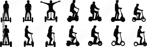 Vector silhouette of people riding electric scooters, segways, hoverboards, personal transporters, urban commuting, balance, eco-friendly transport, outdoor activity, modern mobility, fun ride.