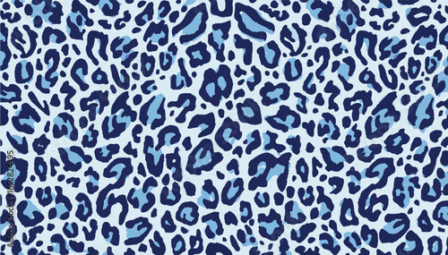 Seamless vector pattern of blue leopard print with irregular dark navy and light blue spots on a pale background. Modern and stylish animal skin texture design, fashion, wallpapers, backgrounds.