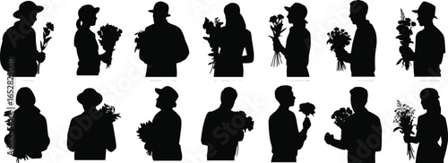Vector silhouette people holding flowers, bouquet, floral arrangements, man and woman, hats, nature, spring, celebration, love, gift, romantic, outdoors, plant, garden, present, hands, bouquet.