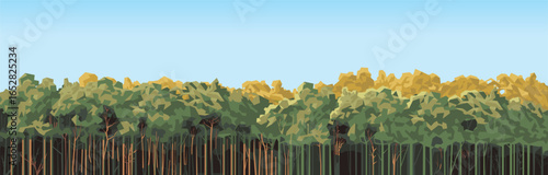 Dense forest edge with a wall of trees and autumn foliage. Vector illustration of woodland with green and golden leaves. Peaceful web banner of natural tree line landscape.