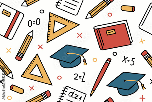 Seamless vector pattern of school supplies, doodle background with books, pencils, rulers, formulas, graduation cap, modern education concept.